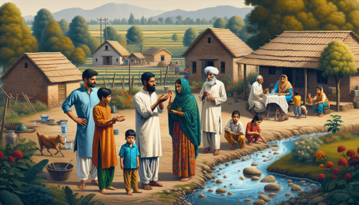 A family in a rural village suffering from health issues due to contaminated water.