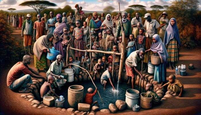 Diverse group in Nairobi slum collecting water from contaminated well, surrounded by poverty and health issues.