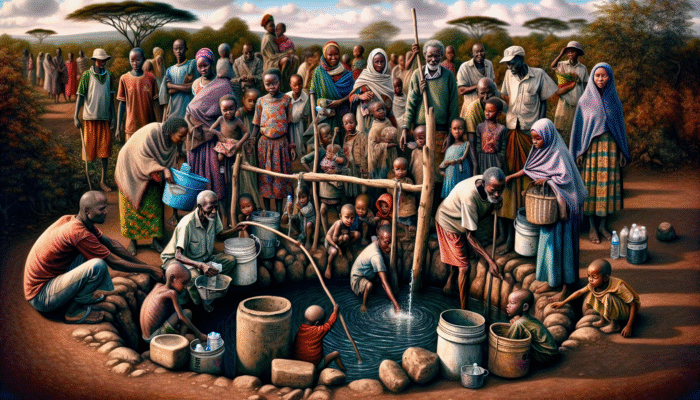 Diverse group in Nairobi slum collecting water from contaminated well, surrounded by poverty and health issues.