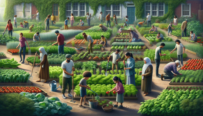Building a Prepper Community: A vibrant community garden where diverse groups collaborate, planting and harvesting fresh produce year-round, fostering unity.