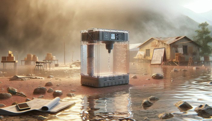 Essential SHTF Gear: A compact portable water filter in use, transforming murky water into clear, safe drinking water in an emergency.