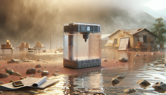 Essential SHTF Gear: A compact portable water filter in use, transforming murky water into clear, safe drinking water in an emergency.