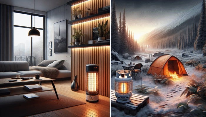 Emergency Heat Sources: A modern apartment with a sleek electric heater and a camping scene with a propane heater providing warmth.