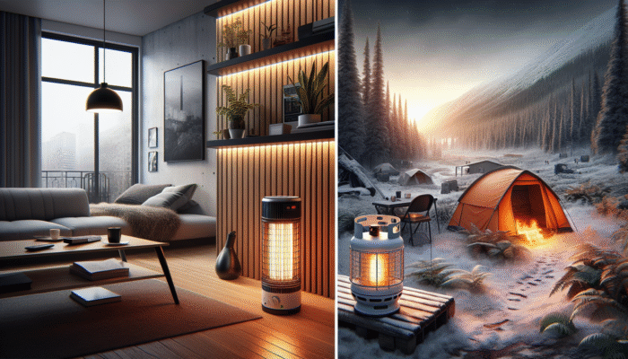 Emergency Heat Sources: A modern apartment with a sleek electric heater and a camping scene with a propane heater providing warmth.