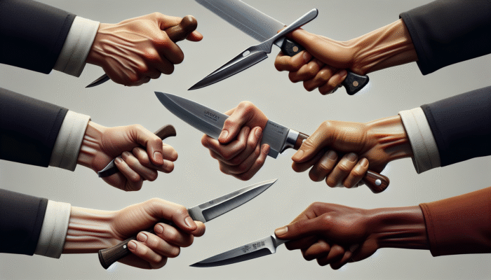 Knife Safety Rules: Hands showing different knife grips: firm handle grip, pinch grip on chef's knife, relaxed hold on paring knife.