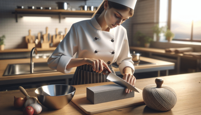 Chef sharpening kitchen knife on whetstone in professional kitchen.