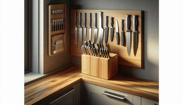 Modern kitchen with wooden knife block, magnetic strip, and high shelf for safe knife storage.