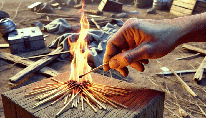 Fire-Starting Gadgets: A hand igniting a match, flame lighting kindling in a rustic outdoor setting with camping gear.
