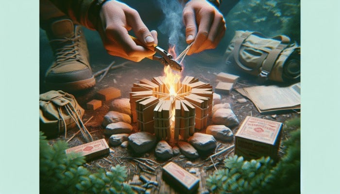 Compact firestarters igniting quickly in wilderness, used by camper to start campfire.