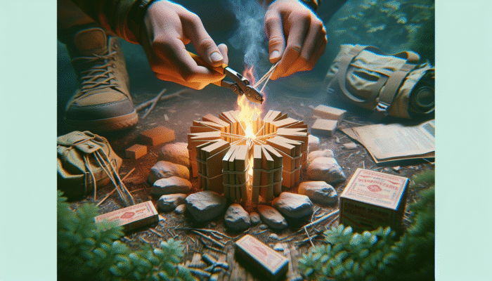 Compact firestarters igniting quickly in wilderness, used by camper to start campfire.