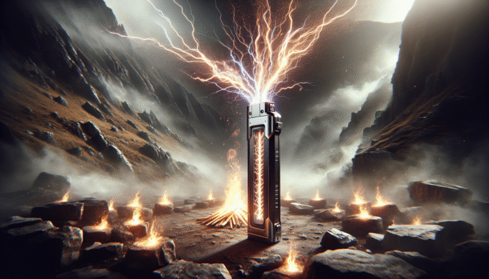 A modern plasma lighter igniting a campfire in a windy, rugged outdoor setting.