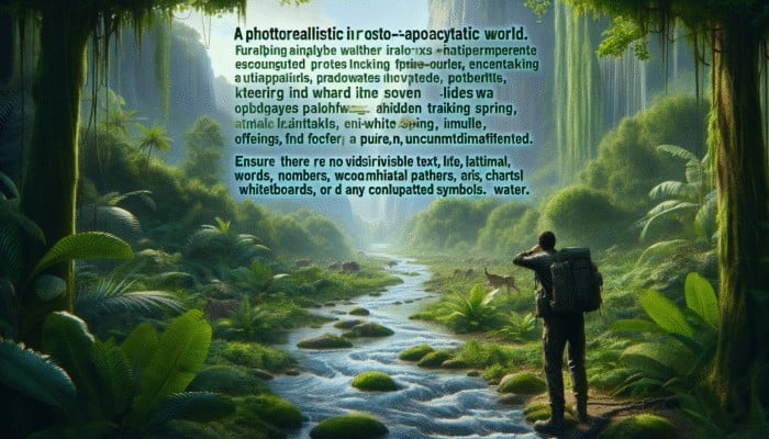 Person in collapsed society observing fast-flowing stream in forest, following animal trails to find underground spring.
