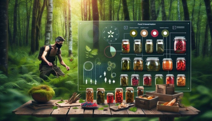 A person foraging for berries and mushrooms in a lush forest, with preserved foods displayed on a rustic table.