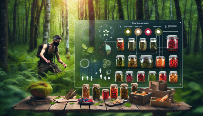A person foraging for berries and mushrooms in a lush forest, with preserved foods displayed on a rustic table.