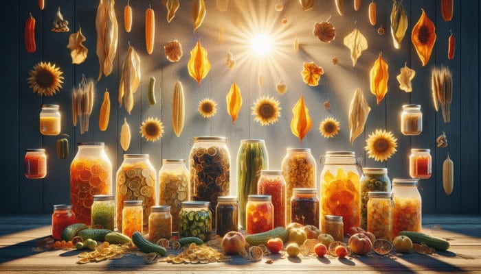 Sun-dried fruits and vegetables, jars of fermented and canned goods for long-term survival.