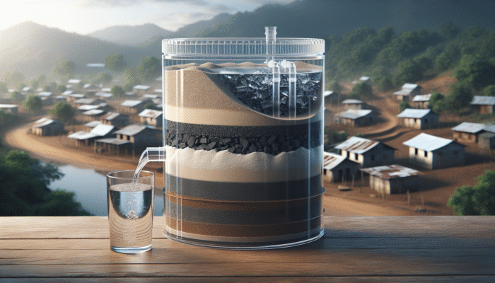 Water Filter Hacks: A cross-section of a sand and charcoal water filter in a rural setting, showing clean water output.
