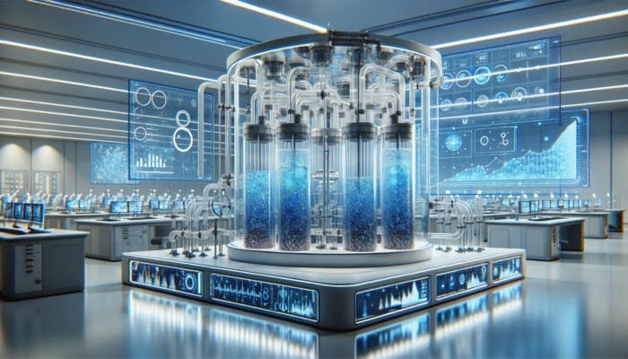 High-tech water filtration system in a modern lab, showing purification process and efficiency metrics.