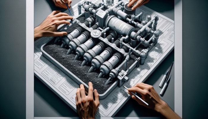 Close-up of hands maintaining a water filtration system, replacing charcoal and rinsing sand for safe drinking water.
