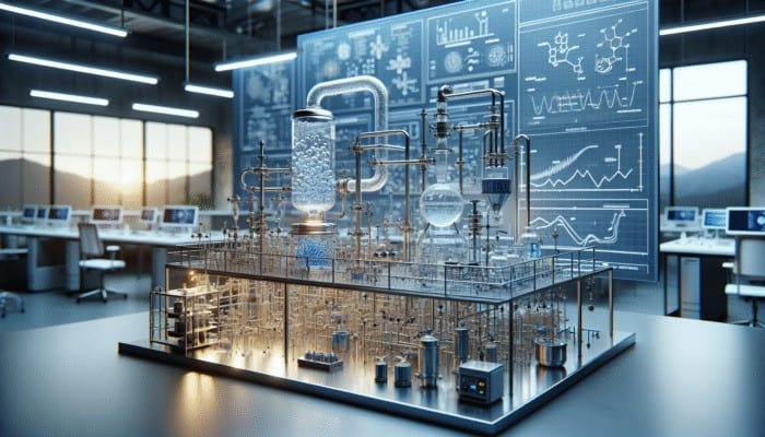 Diagram of a distillation system in a modern lab, purifying water by heating, steaming, and condensing.