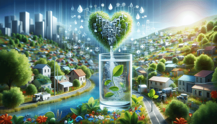 Water filter system purifying water into a glass, surrounded by health symbols and a diverse community.