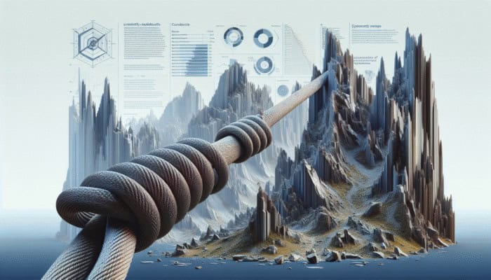 A rugged mountain climbing rope with enhanced abrasion resistance navigating rocky terrain.