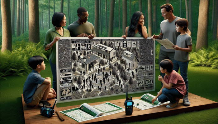 Surviving a Forest Fire: A family reviewing a fire safety map with escape routes and safe zones in a forest, using walkie-talkies.