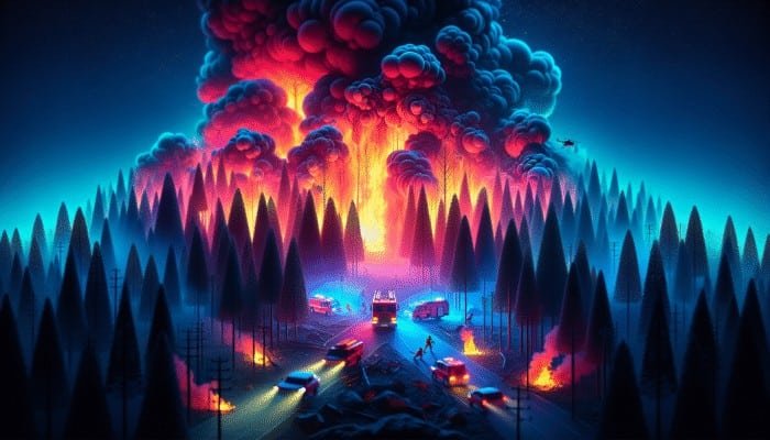 Firefighters combating a forest fire with flames, smoke, and emergency vehicles at dusk.