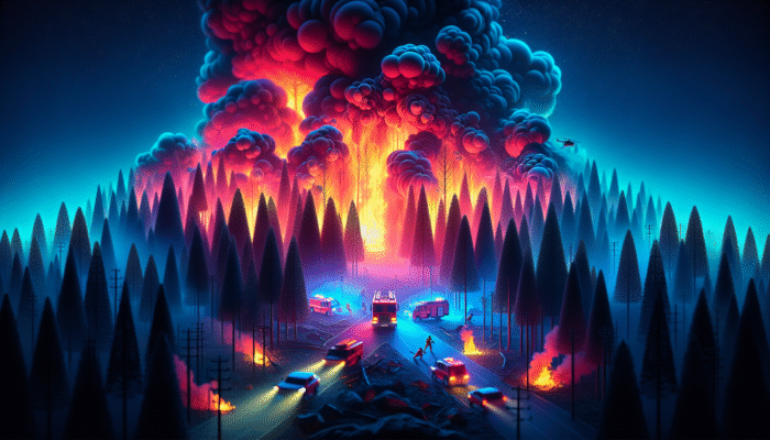 Firefighters combating a forest fire with flames, smoke, and emergency vehicles at dusk.