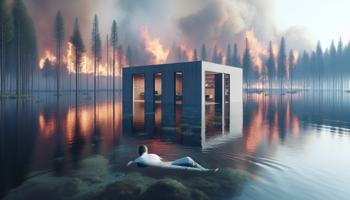 Person submerged in lake for safety during forest fire, near fire-resistant building with closed entries, in cleared area.