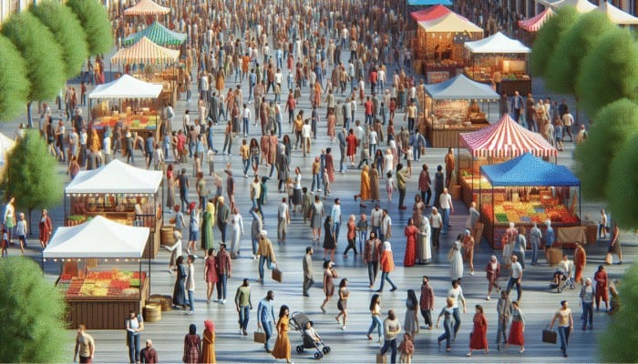 Community Survival Strategies: A vibrant community fair with diverse groups engaging in activities, building trust and unity.