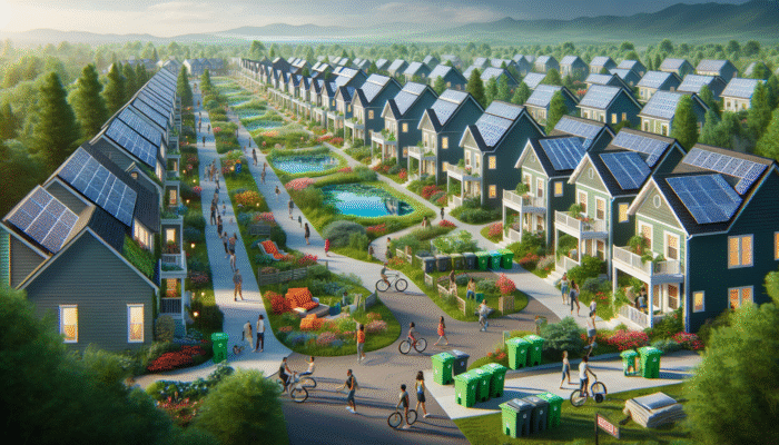 A vibrant community with solar panels, green spaces, and recycling bins, showcasing sustainable living and active participation.