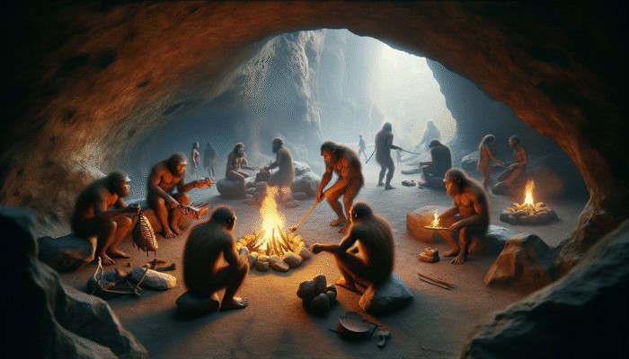 Open-Fire Cooking: Early hominids cooking meat over a fire in a cave, using primitive tools, communal setting, Wonderwerk Cave background.