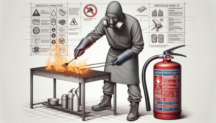 Person in heat-resistant gloves and long-sleeved shirt cooking over open fire, with nearby grease fire extinguisher and closed-toe shoes.