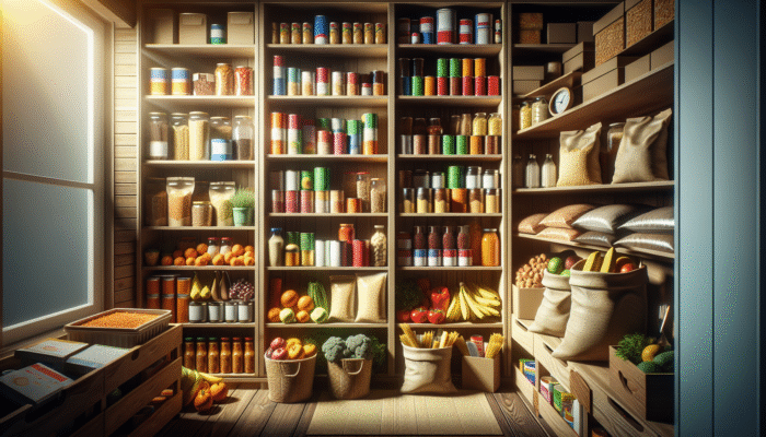 Survival Meal Planning: A diverse stockpile of non-perishable foods on shelves in a well-lit pantry.