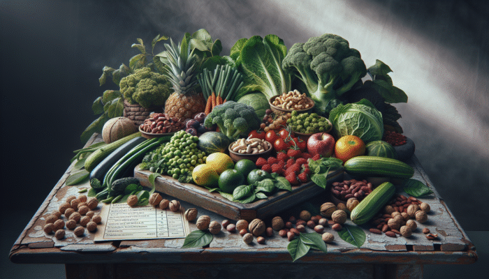 A variety of nutrient-dense foods on a rustic table, symbolizing survival meal planning.