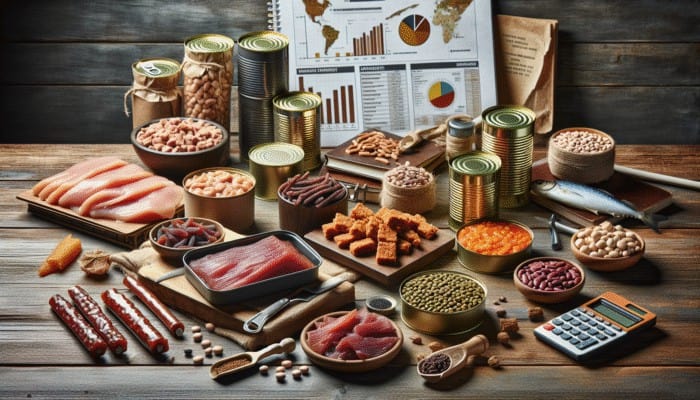 Canned chicken, tuna, dried beans, lentils, and various jerkies on a rustic table for muscle preservation.