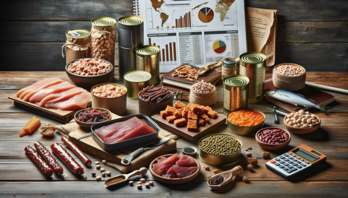 Canned chicken, tuna, dried beans, lentils, and various jerkies on a rustic table for muscle preservation.