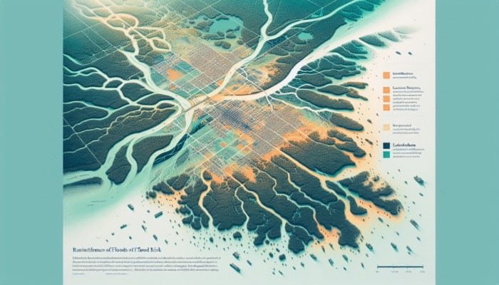 Flood Rescue Techniques: Aerial view of flood-prone area with risk zones, vulnerable infrastructure, and socio-economic impacts in Louisiana or Sundarbans.