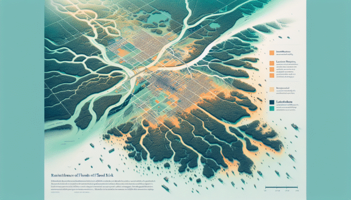 Flood Rescue Techniques: Aerial view of flood-prone area with risk zones, vulnerable infrastructure, and socio-economic impacts in Louisiana or Sundarbans.