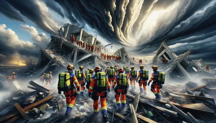 A team of rescuers in bright uniforms using advanced equipment in a rugged, disaster-stricken landscape under a cloudy sky.