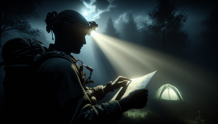 Tactical Headlamp Picks: Person adjusting tactical headlamp brightness at forest edge, using map and tent in moonlight.