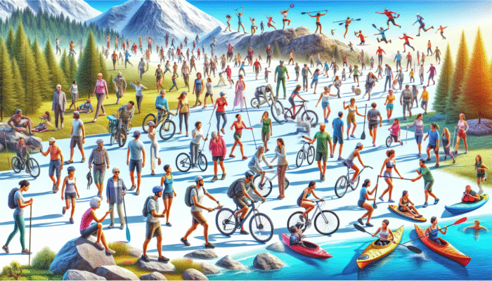 A vibrant collage of hiking, cycling, kayaking, and rock climbing in scenic landscapes under a clear blue sky.