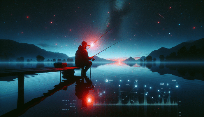 A person using a water-resistant headlamp with red light mode to fish at night on a tranquil, starry lake.