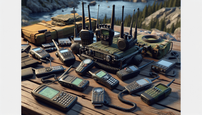 A variety of prepper communication devices on a table, including Walkie-Talkies, GMRS, and ham radios, against an emergency-preparedness landscape.