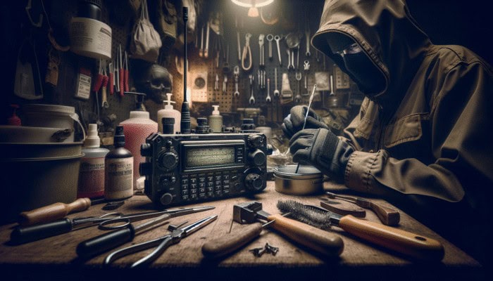 A prepper cleaning a rugged radio in a cluttered workshop.