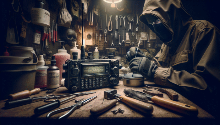 A prepper cleaning a rugged radio in a cluttered workshop.