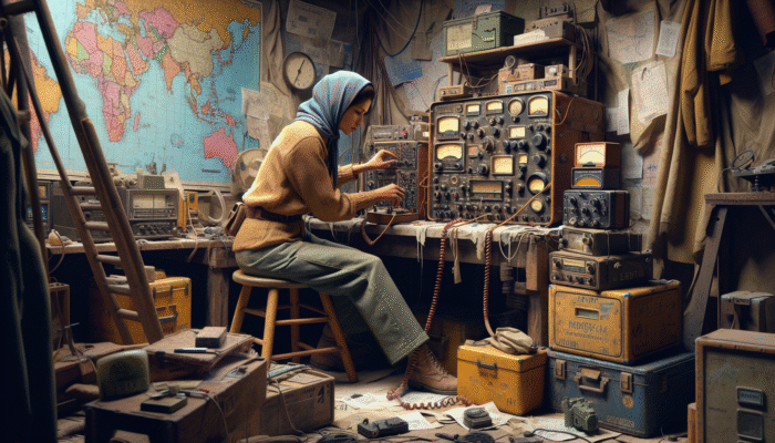 A ham radio operator using a vintage set in an emergency center, connecting with distant stations during a crisis.
