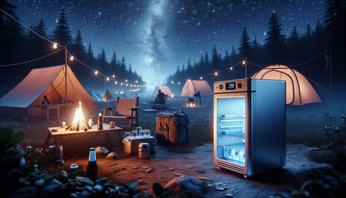 A compact thermoelectric fridge cooling drinks silently under a starry night sky during a camping trip.