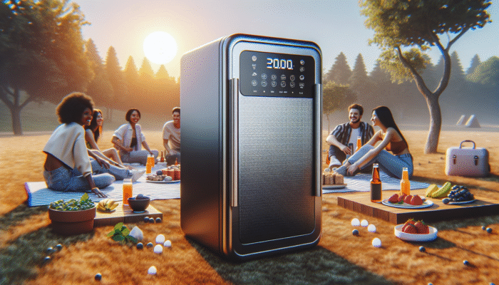 A sleek, modern portable fridge with digital display, handle, and compact design at a sunny picnic.