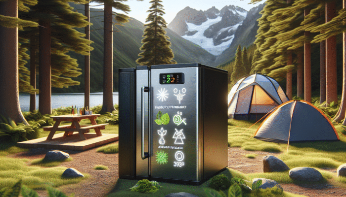 A modern portable fridge with energy-efficient compressor and insulation in a serene off-grid campsite.